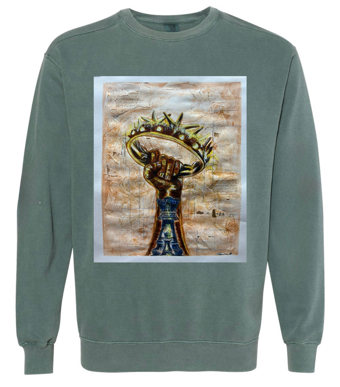 Royal Alignment green long sleeve sweatshirt featuring arm reaching up to grab crown with chess king and bishop piece inside - front view, displayed on beige background