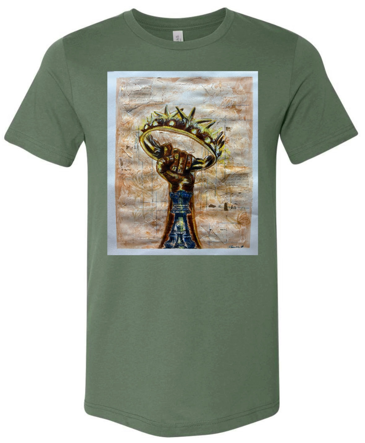 Royal Alignment green t-shirt featuring arm reaching up to grab crown with chess king and bishop piece inside - front view, displayed on beige background