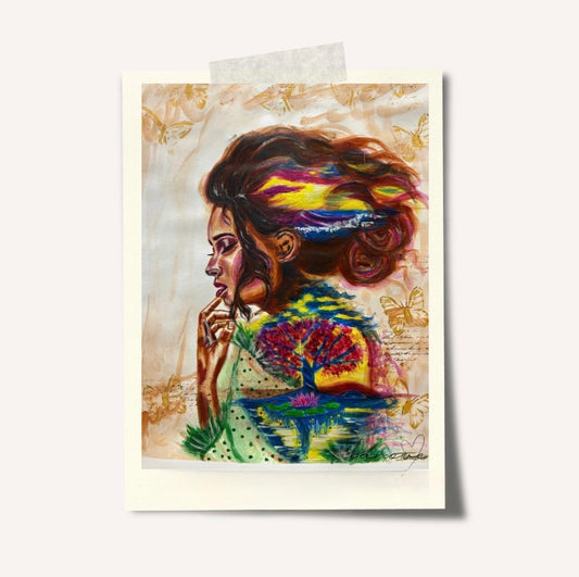 Blooming in Surrender fine art print featuring woman with eyes closed in her inner world, tree inside her on sunset background with water lily, waves and dolphin on her hair
