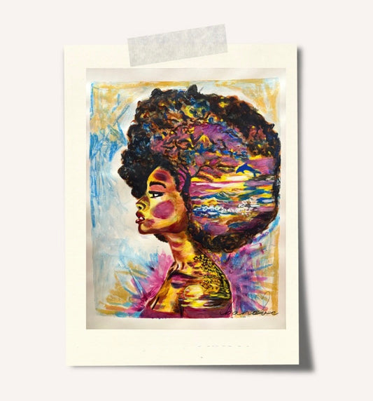 Timeless Sunset featuring woman's silhouette looking forward with beach scene inside showing waves, sunset, birds, hearts, tree and dolphin jumping - on a museum archival giclée paper