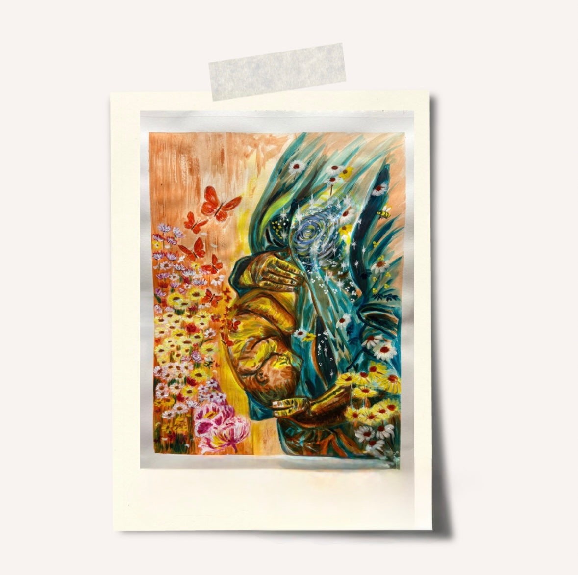 Womb of the End Time Army fine art print featuring pregnant woman ready to give birth in a garden with butterflies and the cosmos represented on her robe
