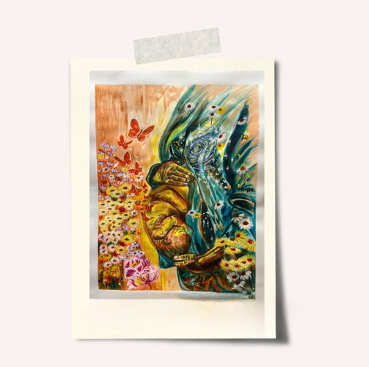 Womb of the End Time Army fine art print featuring pregnant woman ready to give birth in a garden with butterflies and the cosmos represented on her robe
