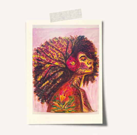 Ashes to Bloom featuring woman looking forward with long curly hair and flower, neck as tree trunk with hair as branches, fire on shoulder with couple silhouette in flames on archival giclée paper.