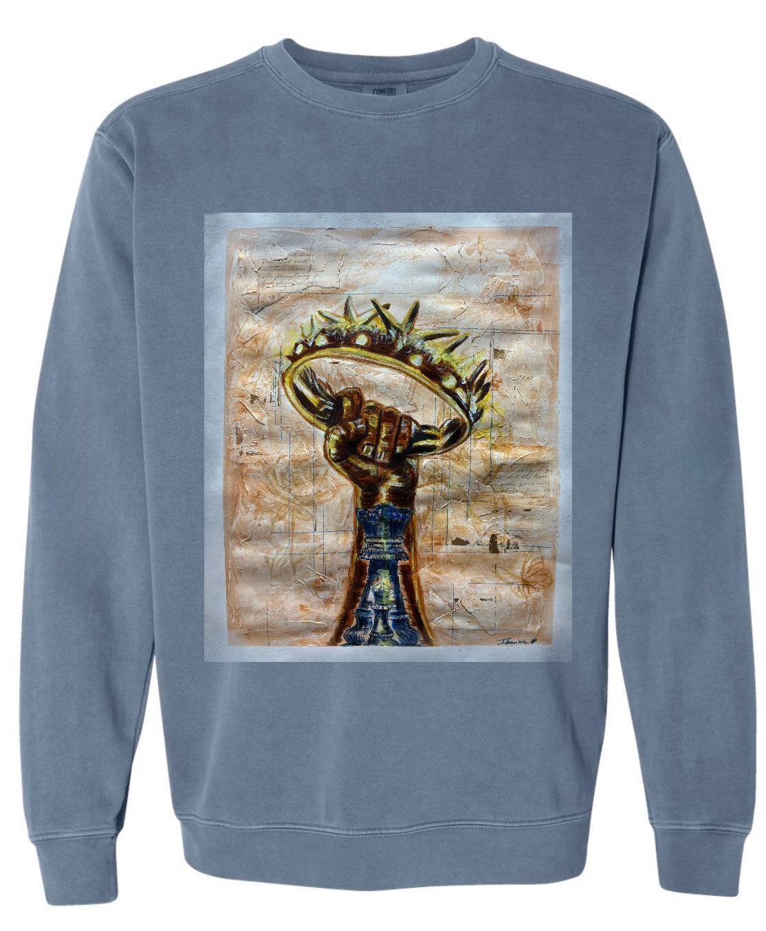 Royal Alignment blue long sleeve sweatshirt featuring arm reaching up to grab crown with chess king and bishop piece inside - front view, displayed on beige background