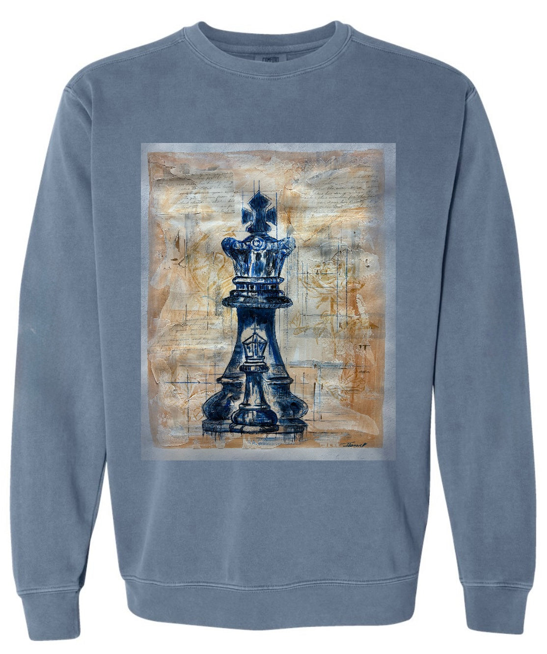 Kings & Priests blue long sleeve sweatshirt featuring king chess piece with bishop chess piece inside symbolizing king and priest as a position on a beige background- front or back view
