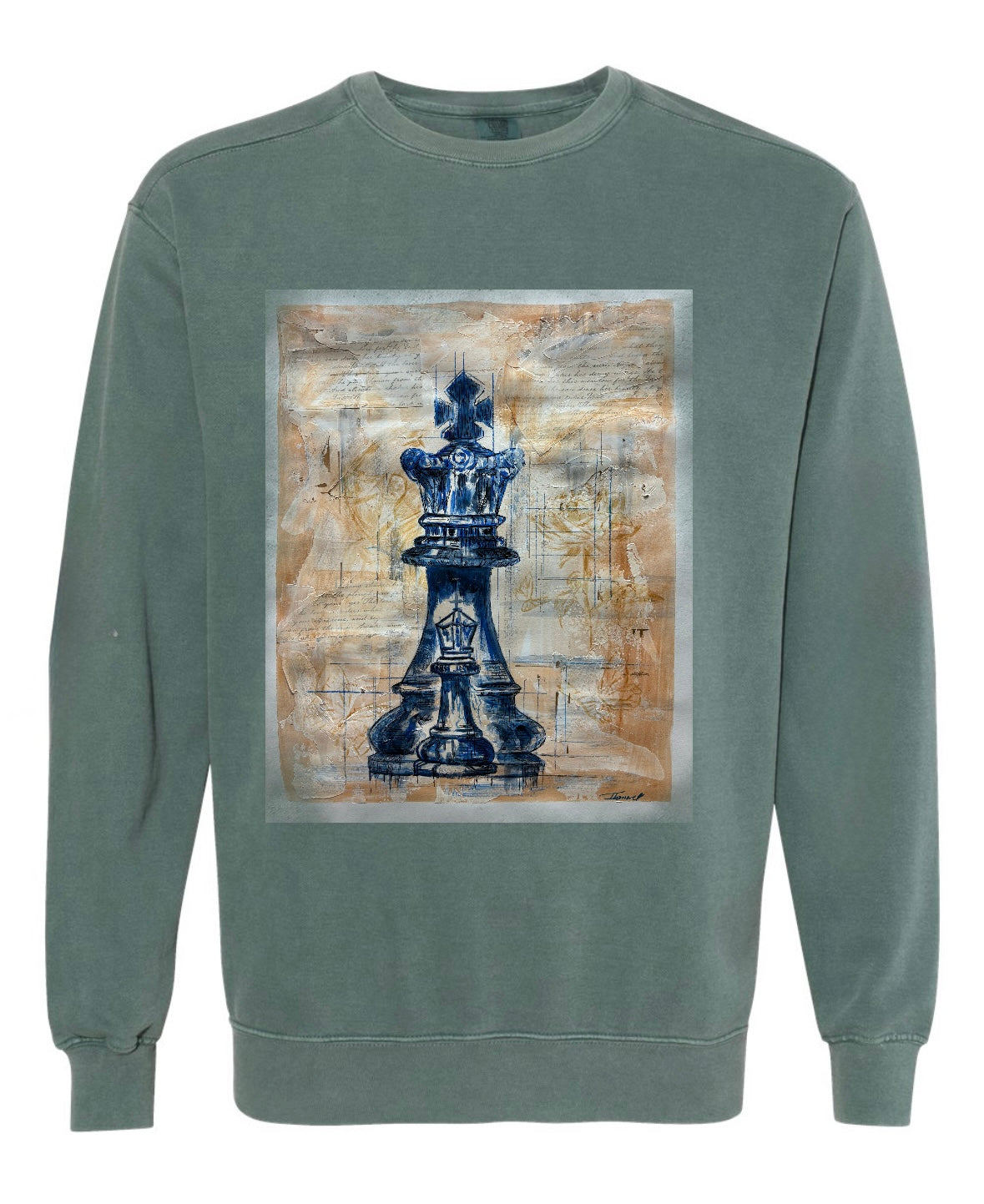Kings & Priests green  long sleeve sweatshirt featuring king chess piece with bishop chess piece inside symbolizing king and priest as a position on a beige background- front or back view
