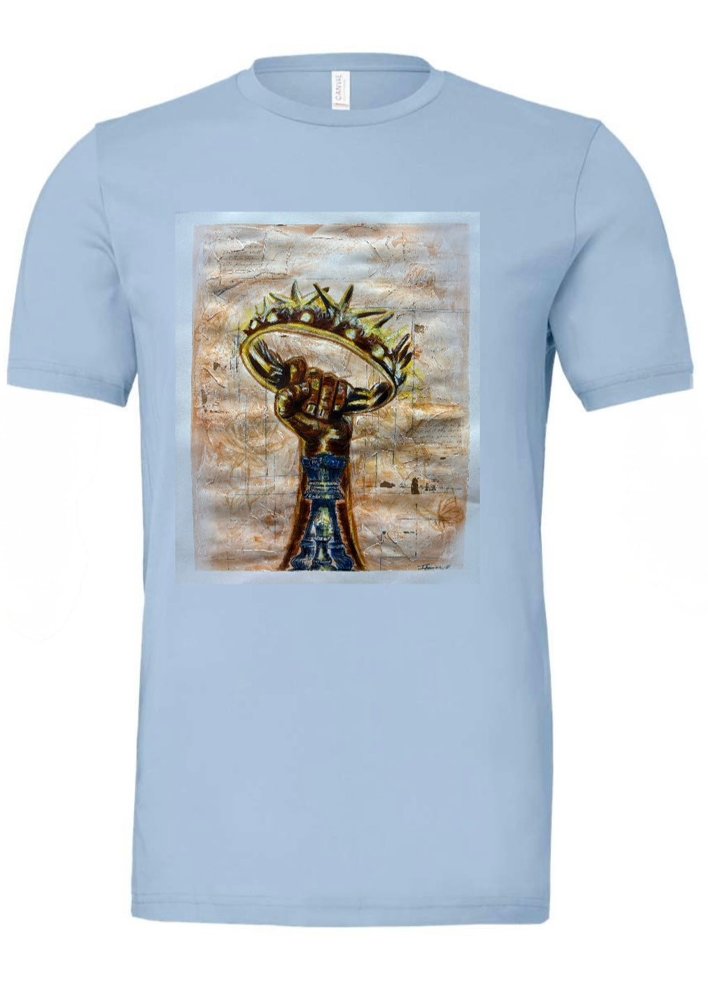 Royal Alignment blue t-shirt featuring arm reaching up to grab crown with chess king and bishop piece inside - front view, displayed on beige background
