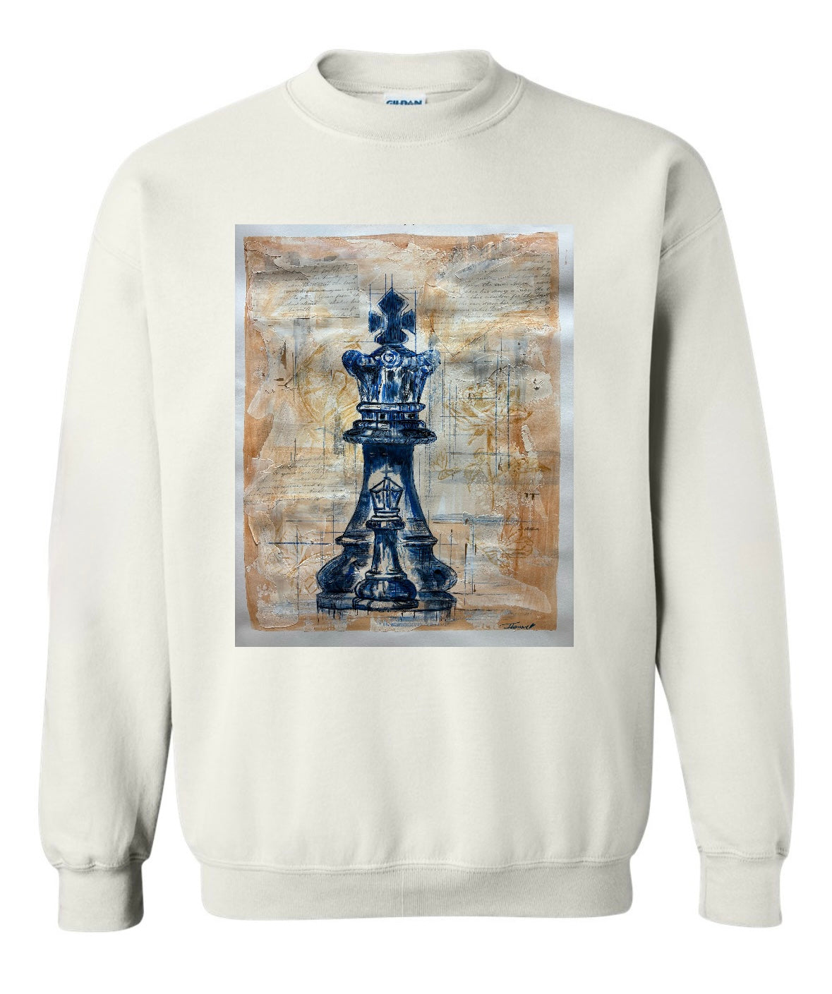 Kings & Priests beige long sleeve sweatshirt featuring king chess piece with bishop chess piece inside symbolizing king and priest as a position on a beige background- front or back view
