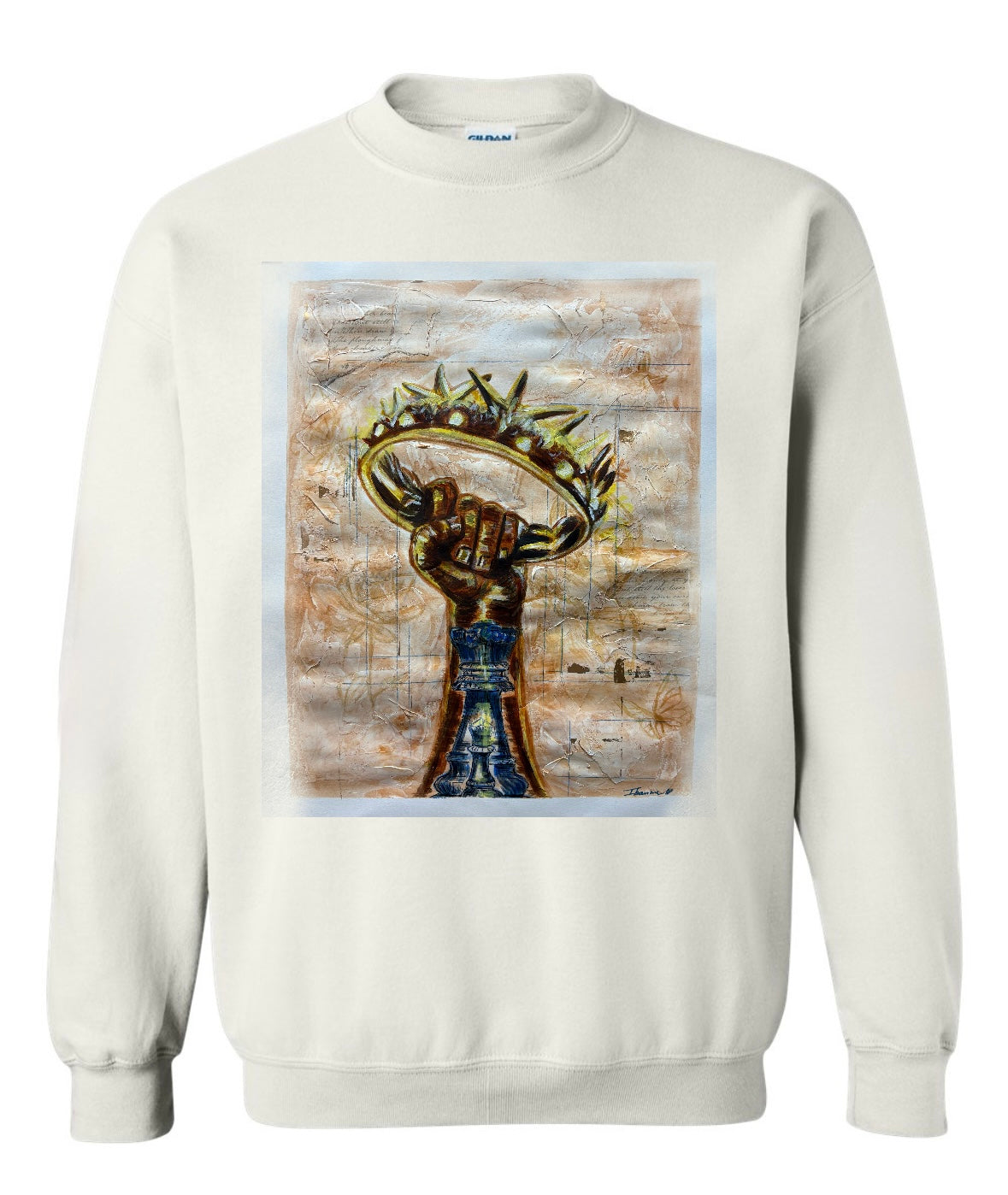 Royal Alignment beige long sleeve sweatshirt featuring arm reaching up to grab crown with chess king and bishop piece inside - front view, displayed on beige background