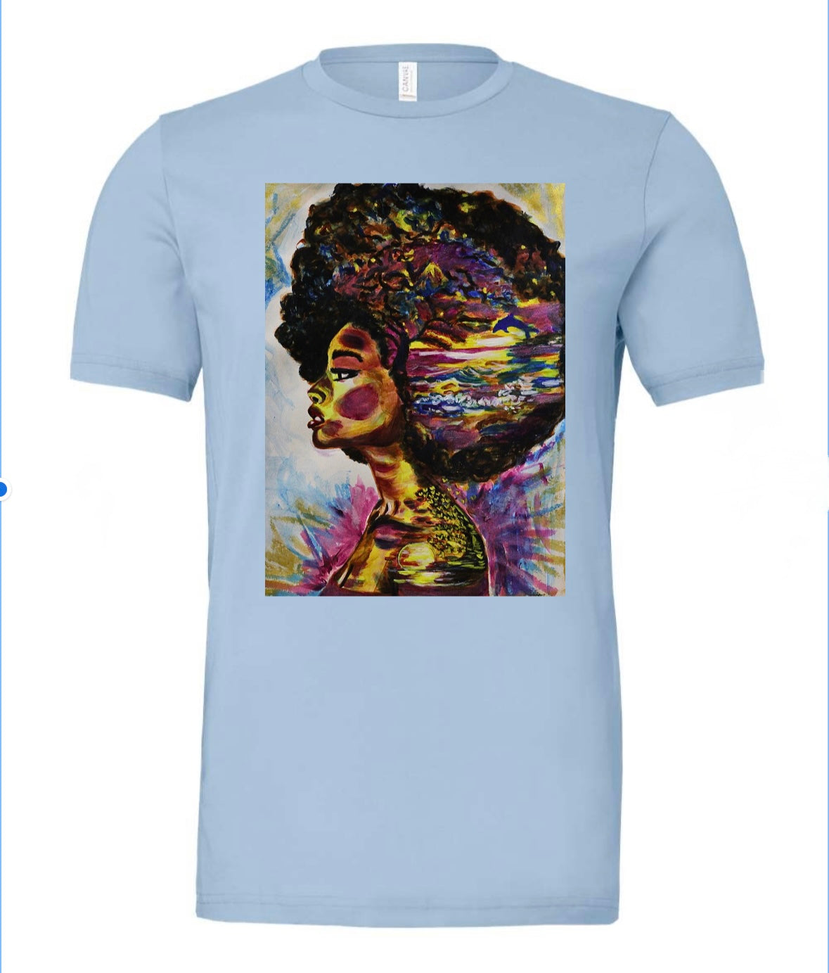 Timeless Sunset blue  t-shirt featuring woman's silhouette looking forward with beach scene inside showing waves, sunset, birds, hearts, tree and dolphin jumping - front view
