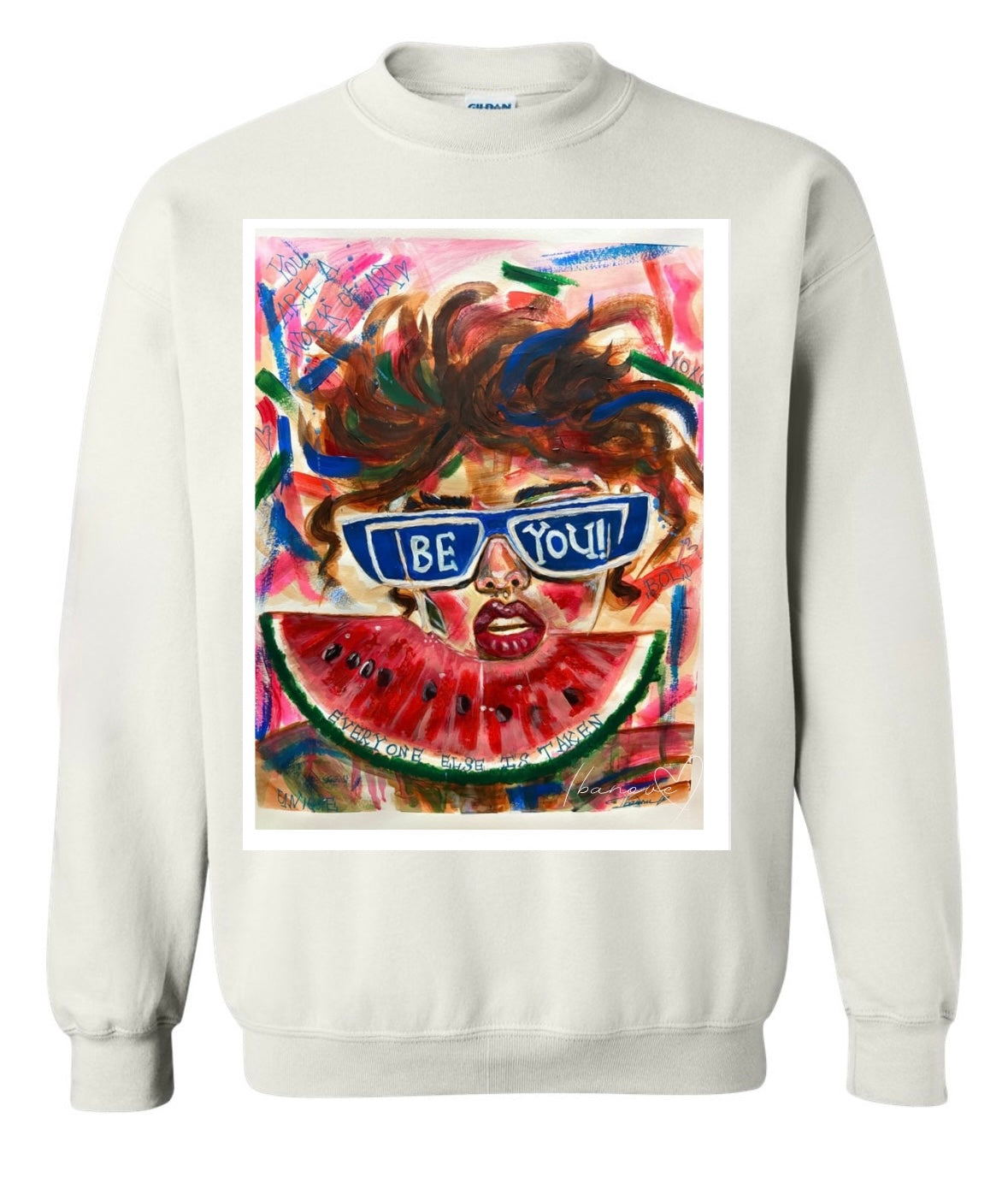 Be Bold beige sweat shirt featuring woman with sunglasses and wild hair on colorful background with watermelon fruit in front and text "you're a work of art" - front view
