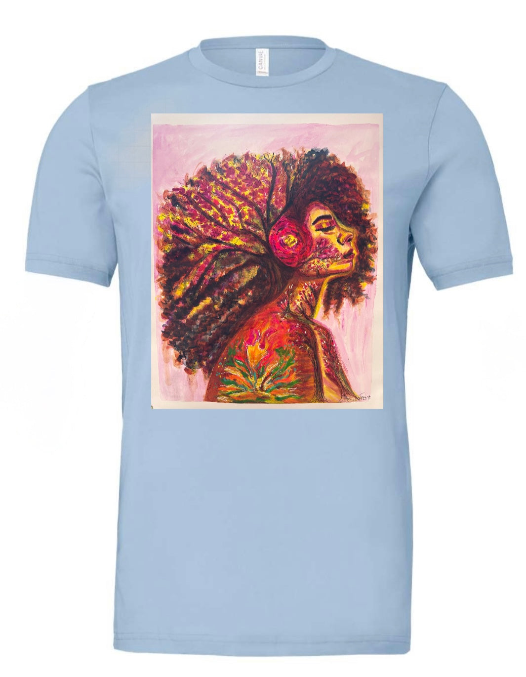 Ashes to Bloom blue t-shirt featuring woman looking forward with long curly hair and flower, neck as tree trunk with hair as branches, fire on shoulder with couple silhouette in flames - front view
