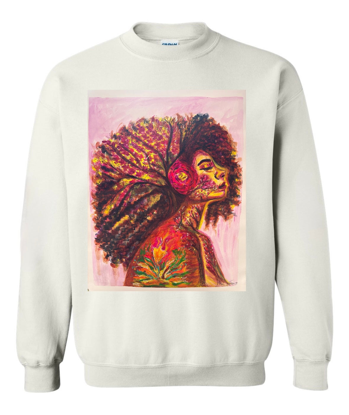 Ashes to Bloom long sleeve beige sweat shirt featuring woman looking forward with long curly hair and flower, neck as tree trunk with hair front view