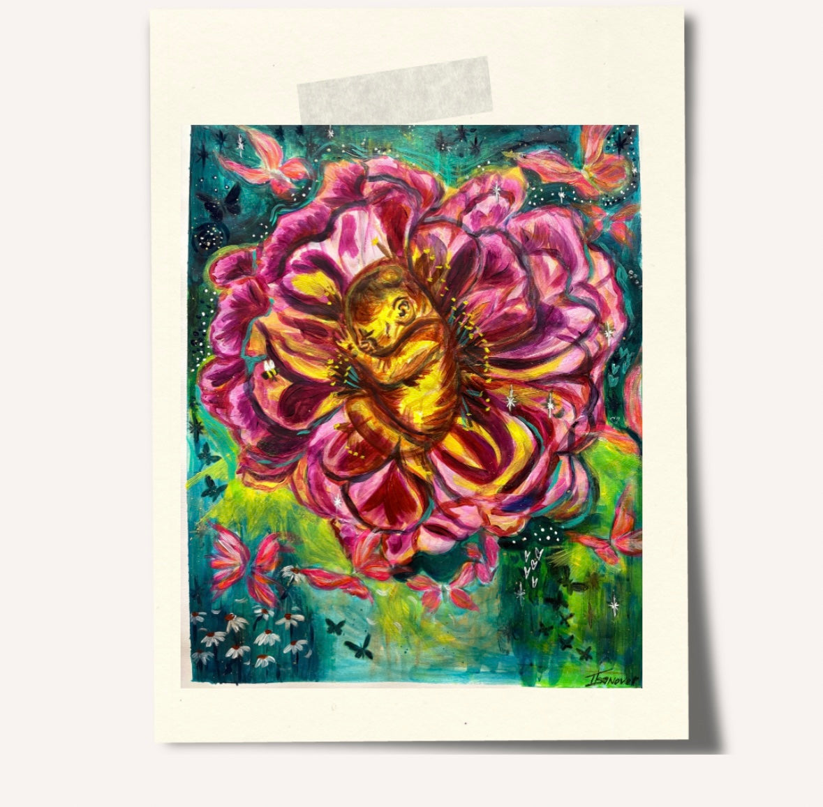 Sons of Light fine art print featuring flower in the cosmos with butterflies around in a garden and baby being birthed from the flower in pinks, greens and yellows
