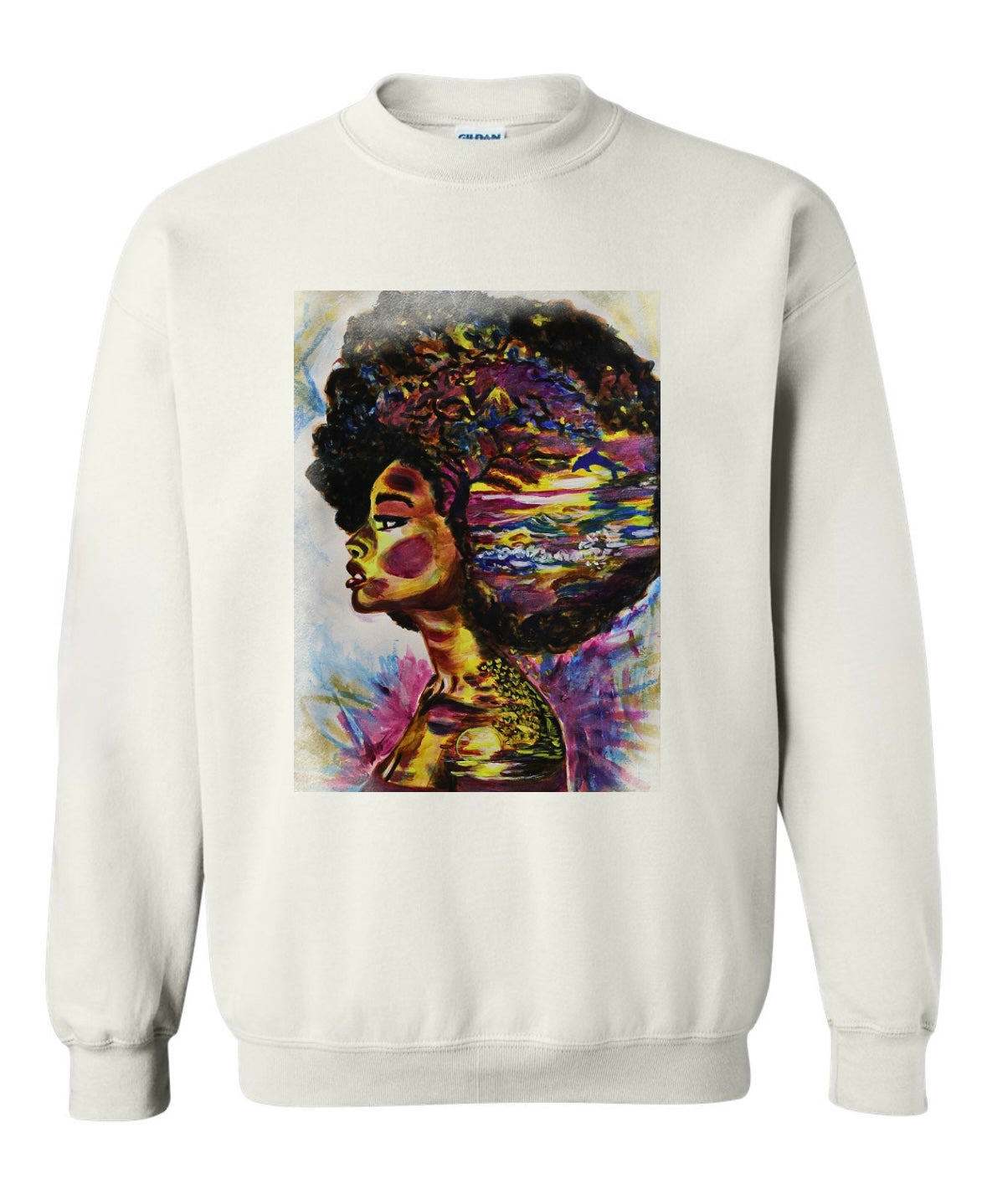 Timeless Sunset beige long sleeve sweatshirt featuring woman's silhouette looking forward with beach scene inside showing waves, sunset, birds, hearts, tree and dolphin jumping - front view