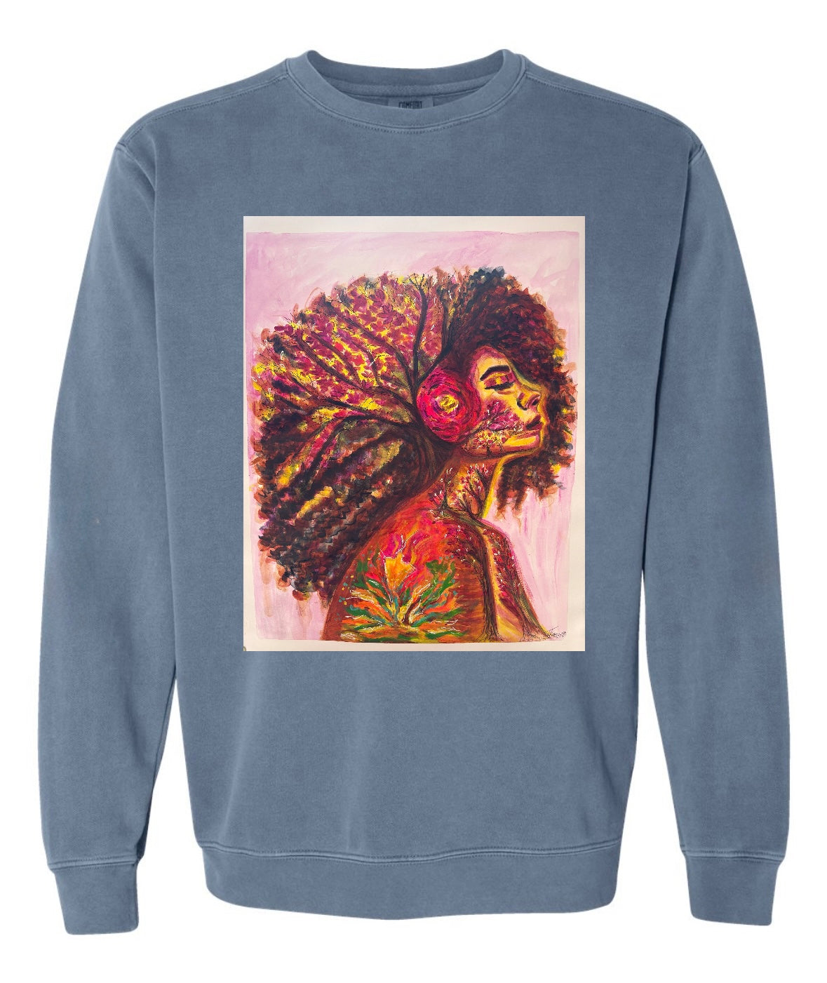 Ashes to Bloom long sleeve blue sweat shirt featuring woman looking forward with long curly hair and flower, neck as tree trunk with hair front view