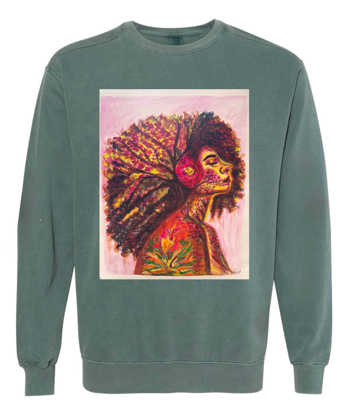 Ashes to Bloom long sleeve green sweat shirt featuring woman looking forward with long curly hair and flower, neck as tree trunk with hair front view