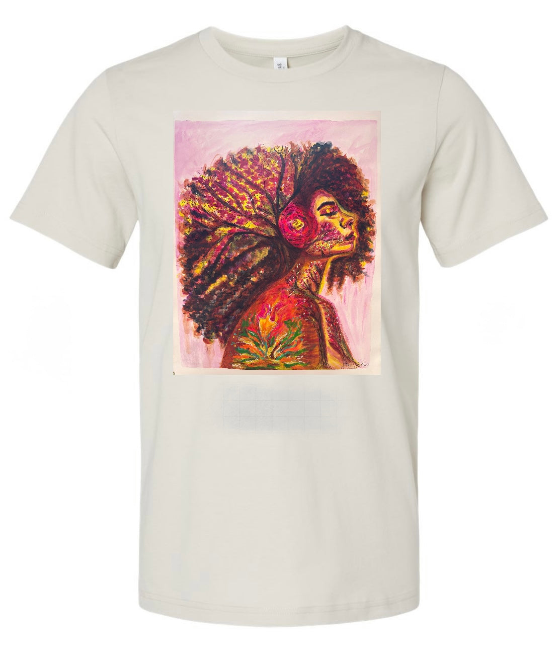 Ashes to Bloom beige t-shirt featuring woman looking forward with long curly hair and flower, neck as tree trunk with hair as branches, fire on shoulder with couple silhouette in flames - front view
