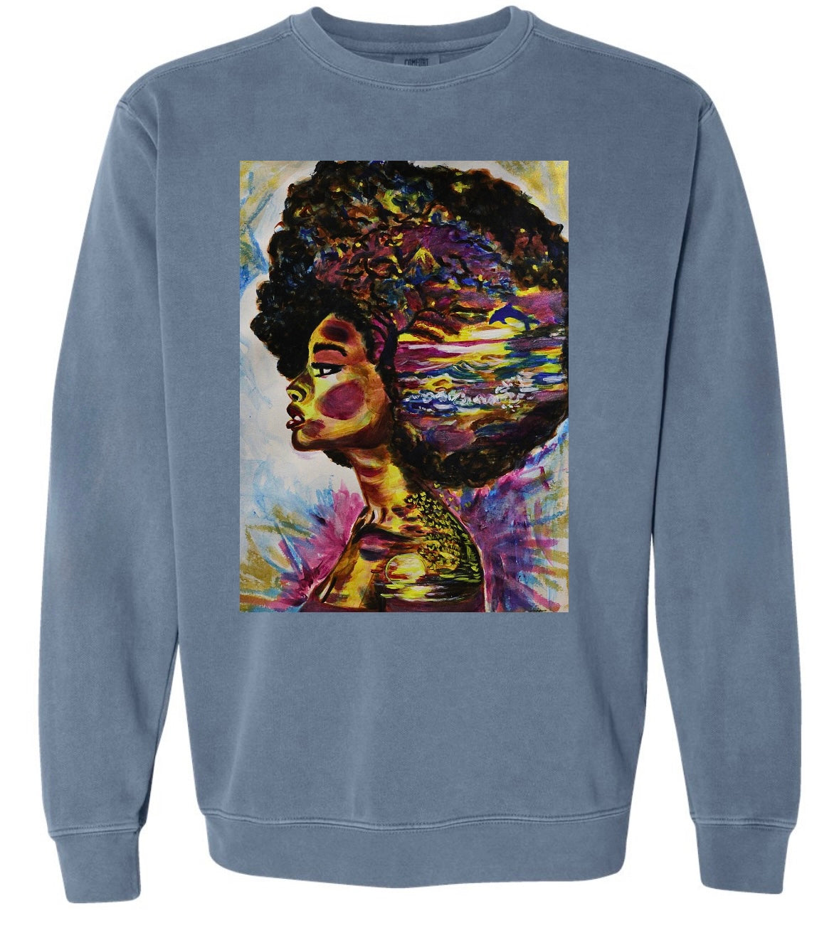 Timeless Sunset blue long sleeve  sweatshirt featuring woman's silhouette looking forward with beach scene inside showing waves, sunset, birds, hearts, tree and dolphin jumping - front view