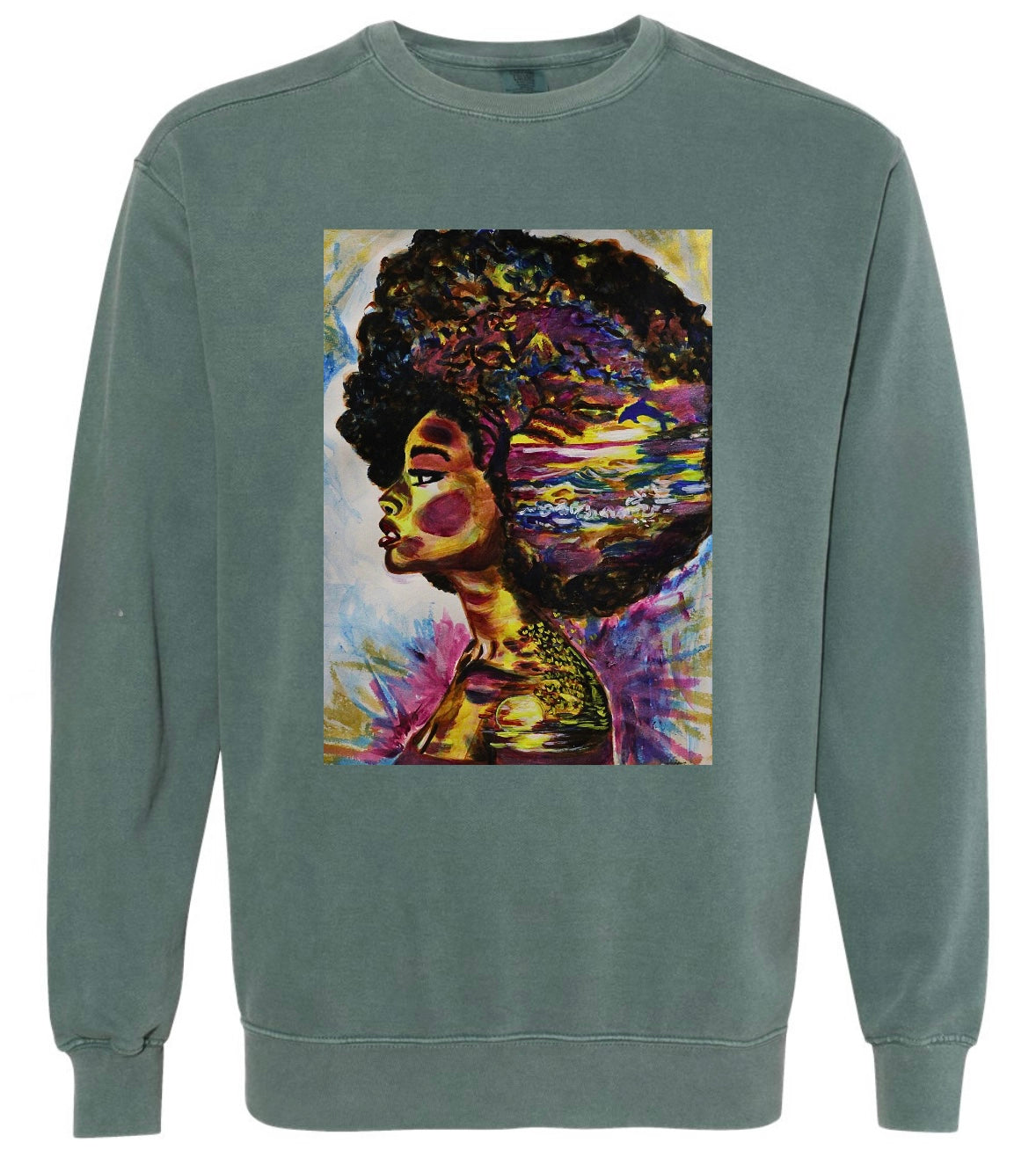 Timeless Sunset green  long sleeve  sweatshirt featuring woman's silhouette looking forward with beach scene inside showing waves, sunset, birds, hearts, tree and dolphin jumping - front view