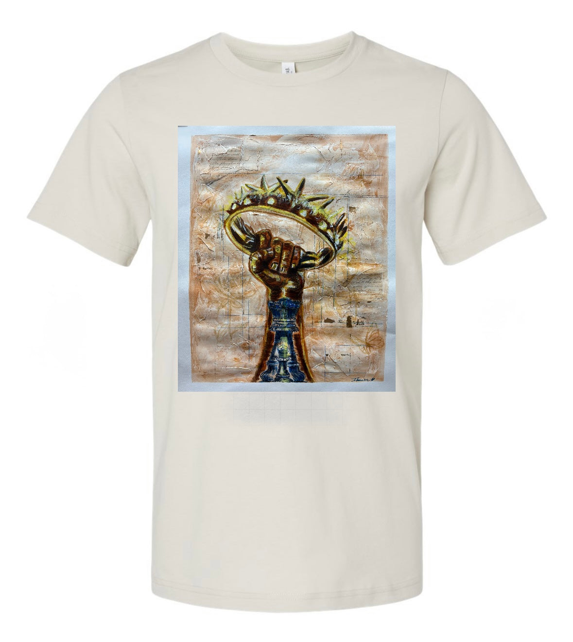 Royal Alignment beige  t-shirt featuring arm reaching up to grab crown with chess king and bishop piece inside - front view, displayed on beige background