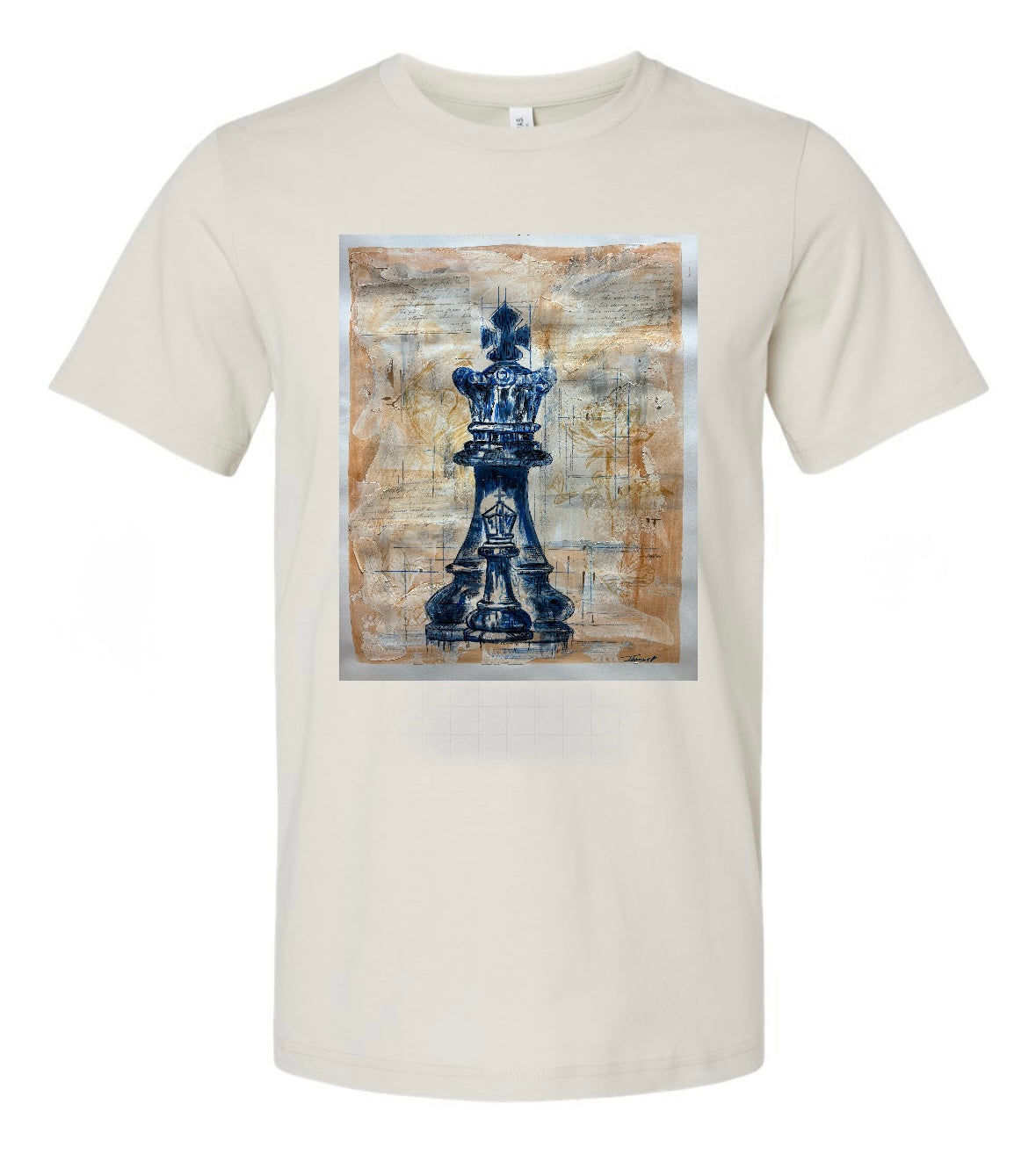 Kings & Priests beige t-shirt featuring king chess piece with bishop chess piece inside - front view, displayed on beige background with writing, flowers and butterflies same color as background