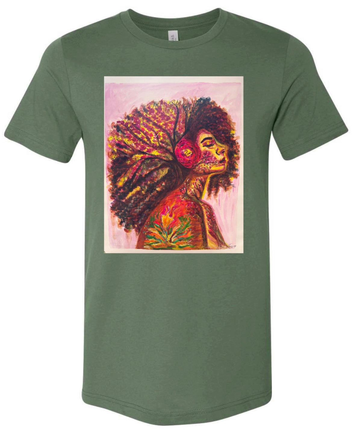 Ashes to Bloom green t-shirt featuring woman looking forward with long curly hair and flower, neck as tree trunk with hair as branches, fire on shoulder with couple silhouette in flames - front view
