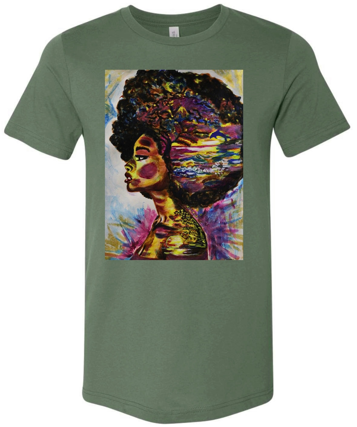 Timeless Sunset green t-shirt featuring woman's silhouette looking forward with beach scene inside showing waves, sunset, birds, hearts, tree and dolphin jumping - front view
