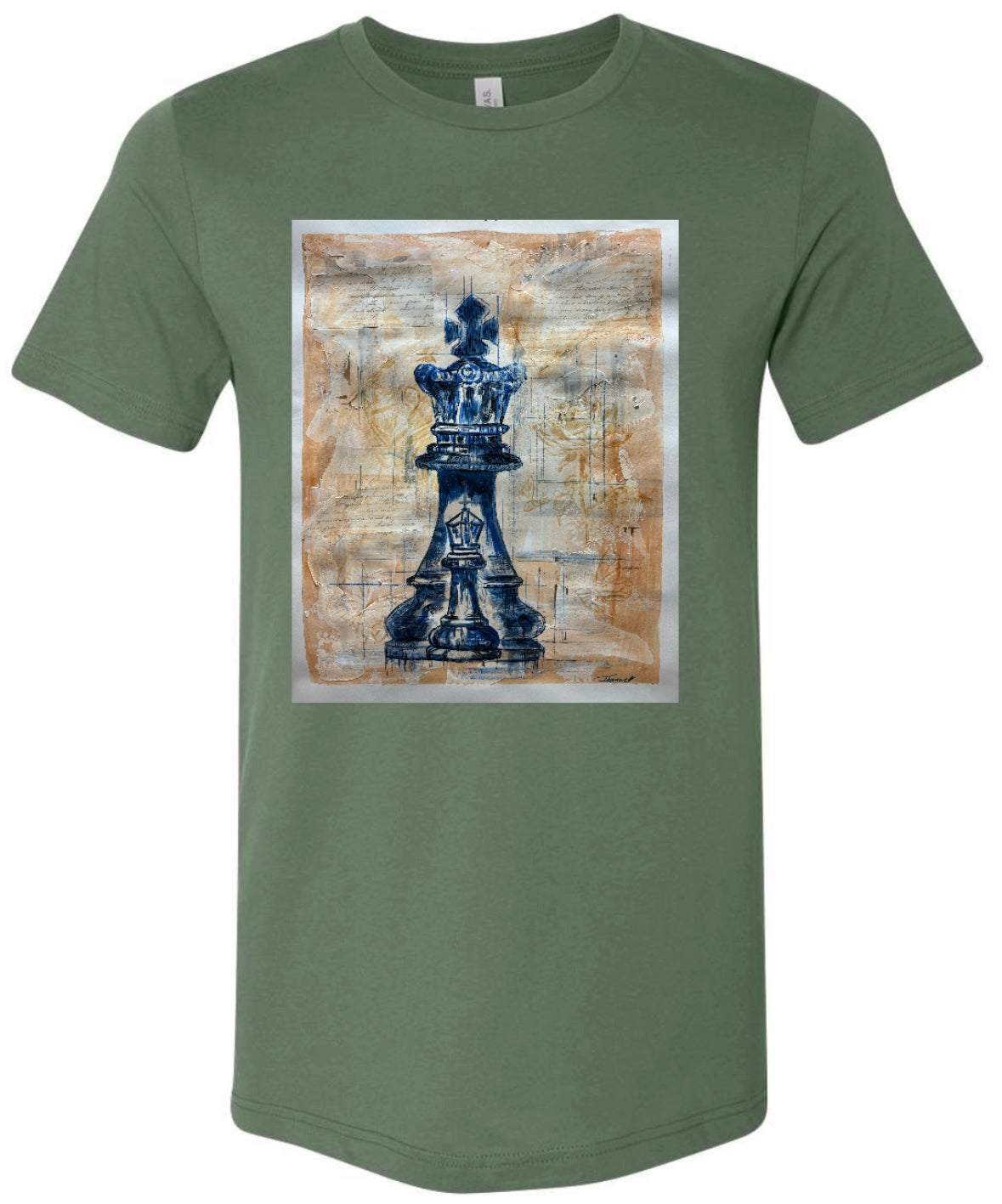 Kings & Priests green t-shirt featuring king chess piece with bishop chess piece inside - front view, displayed on beige background with writing, flowers and butterflies same color as background
