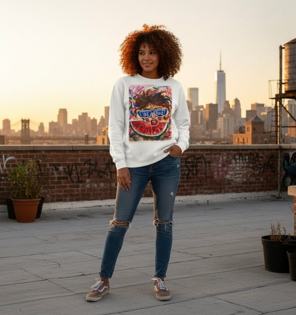 Be Bold sweat beige sweat shirt featuring woman with sunglasses and wild hair on colorful background with watermelon fruit in front and text "you're a work of art" - front view
