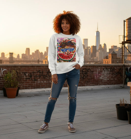 Be Bold sweat beige sweat shirt featuring woman with sunglasses and wild hair on colorful background with watermelon fruit in front and text "you're a work of art" - front view

