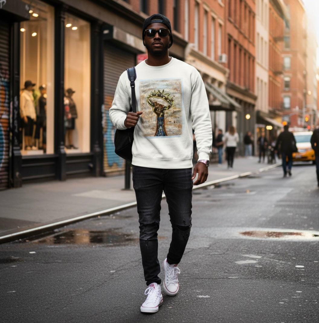 Royal Alignment beige long sleeve sweatshirt featuring arm reaching up to grab crown with chess king and bishop piece inside - front view, displayed on beige background
