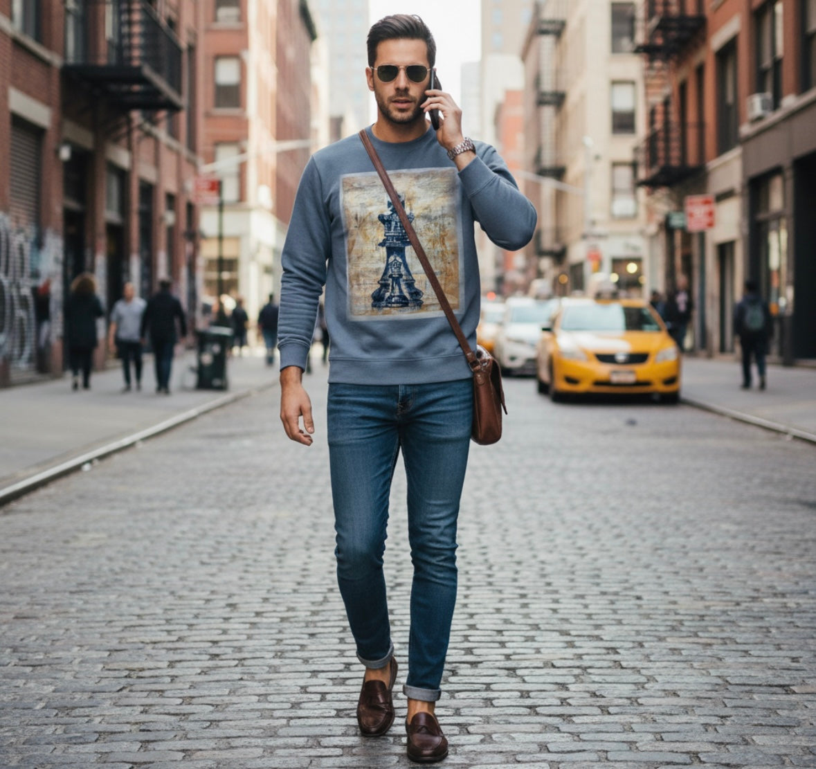Kings & Priests blue long sleeve sweatshirt featuring king chess piece with bishop chess piece inside symbolizing king and priest as a position on a beige background- front or back view
