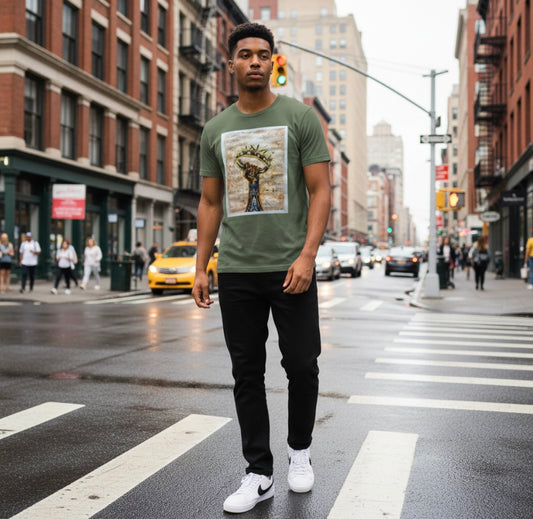Royal Alignment green t-shirt featuring arm reaching up to grab crown with chess king and bishop piece inside - front view, displayed on beige background
