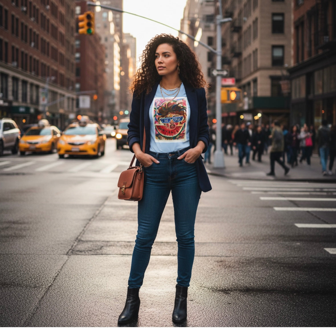 Be Bold blue t-shirt featuring woman with sunglasses and wild hair on colorful background with watermelon fruit in front of her and text on background "you're a work of art" - front view
