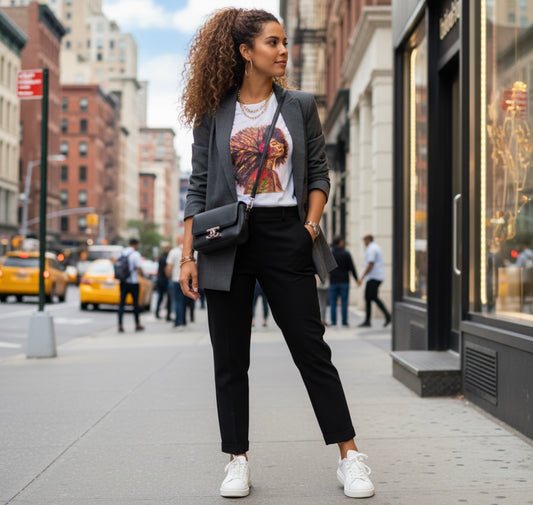 Ashes to Bloom beige t-shirt featuring woman looking forward with long curly hair and flower, neck as tree trunk with hair as branches, fire on shoulder with couple silhouette in flames - front view
