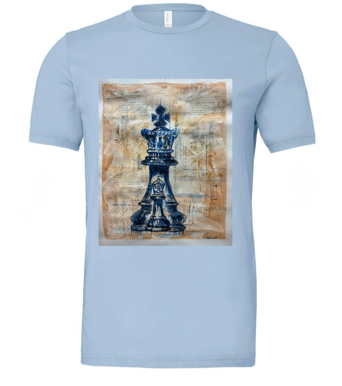 Kings & Priests blue t-shirt featuring king chess piece with bishop chess piece inside - front view, displayed on beige background with writing, flowers and butterflies same color as background